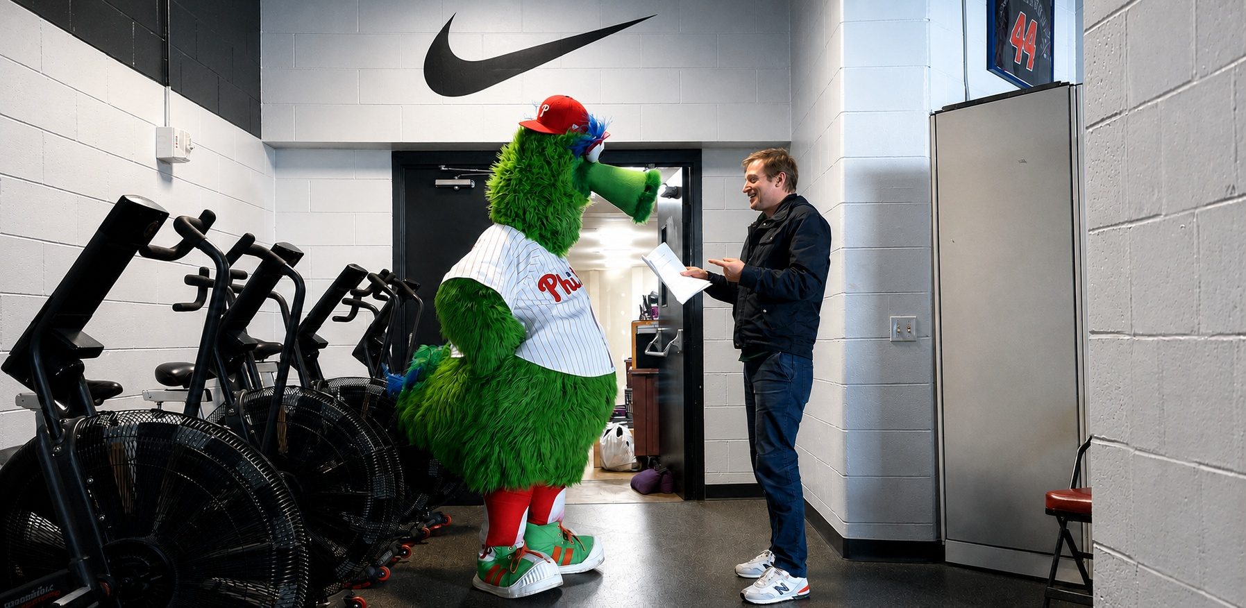 Matthew Waxman directing the Phillie Phanatic on a Nike shoot
